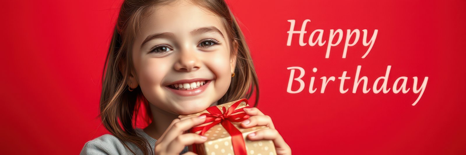 Young girl joyfully celebrating her birthday with a gift in front of a cheerful red backdrop